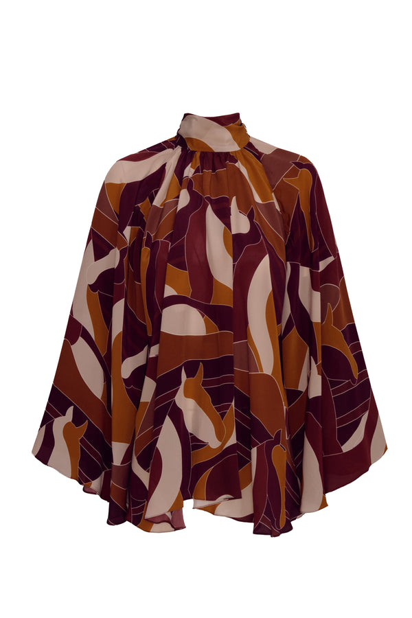 Boho Crepe Chine Blouse / Purple Horses